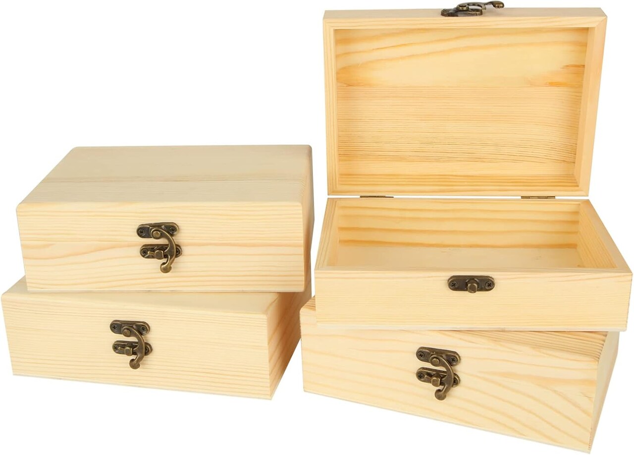 4 Pack Unfinished Wooden Box, 7x5x2 Inch Wooden Box with Hinged Lid, Small Natural Pine Wood Boxes for Crafts, DIY, Arts Hobbies and Home Storage